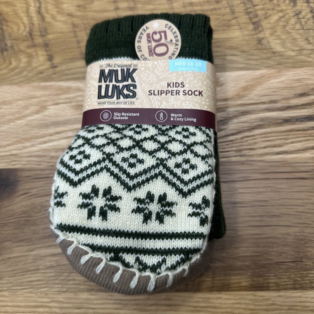 MUK LUKS 50th Anniversary Kid's Slipper Socks - Med (11-13) Green